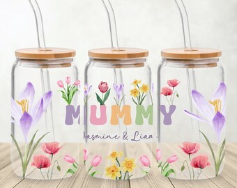 Mummy Glass Can Sublimation PNG, Mum Floral Libbey Glass Wrap, Mom Libby Glass Wrap PNG, Mummy Frosted Glass, Custom Name Libbey Glass PNG.