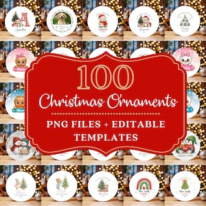 Puede incluir: Una colección de 100 adornos navideños redondos con diversas ilustraciones festivas que incluyen muñecos de nieve, osos de peluche, personajes de pan de jengibre y árboles de Navidad, con plantillas de texto editables y archivos PNG.
