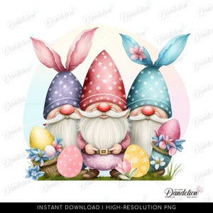 Sublimation PNG Design, Colorful Easter Egg Gnomes, Watercolor Floral Gnomes with bunny ears - Instant Download, Transparent PNG