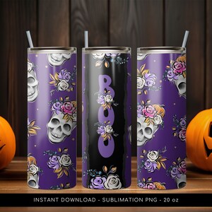 Halloween Tumbler PNG, Cute Halloween PNG Tumbler, Halloween Tumbler Floral Skull Pattern, 20 oz Skinny Tumbler Wrap PNG, Instant Download.
