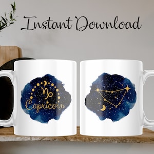 PNG sublimazione fai da te, tazza zodiacale, costellazione del Capricorno, carta per sublimazione PDF centralizzato - 11oz / 15oz - PNG trasparente ad alta risoluzione