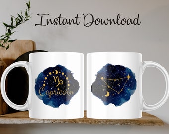 DIY Sublimation PNG, Zodiac Mug, Capricorn Constellation, Sublimation Paper Centralized PDF - 11oz | 15oz - High-Resolution Transparent png