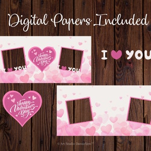 May include: Digital papers with a Valentine's Day theme. The design includes pink hearts, the phrase "I love you," and a heart-shaped graphic with "Happy Valentine's Day" in cursive. The background is a wooden texture.
