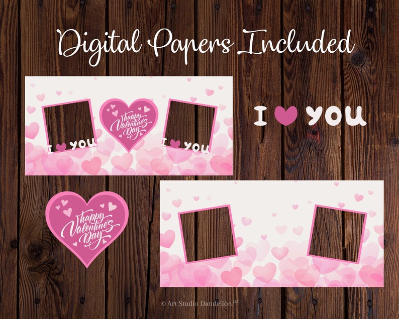 May include: Digital papers with a Valentine's Day theme. The design includes pink hearts, the phrase "I love you," and a heart-shaped graphic with "Happy Valentine's Day" in cursive. The background is a wooden texture.