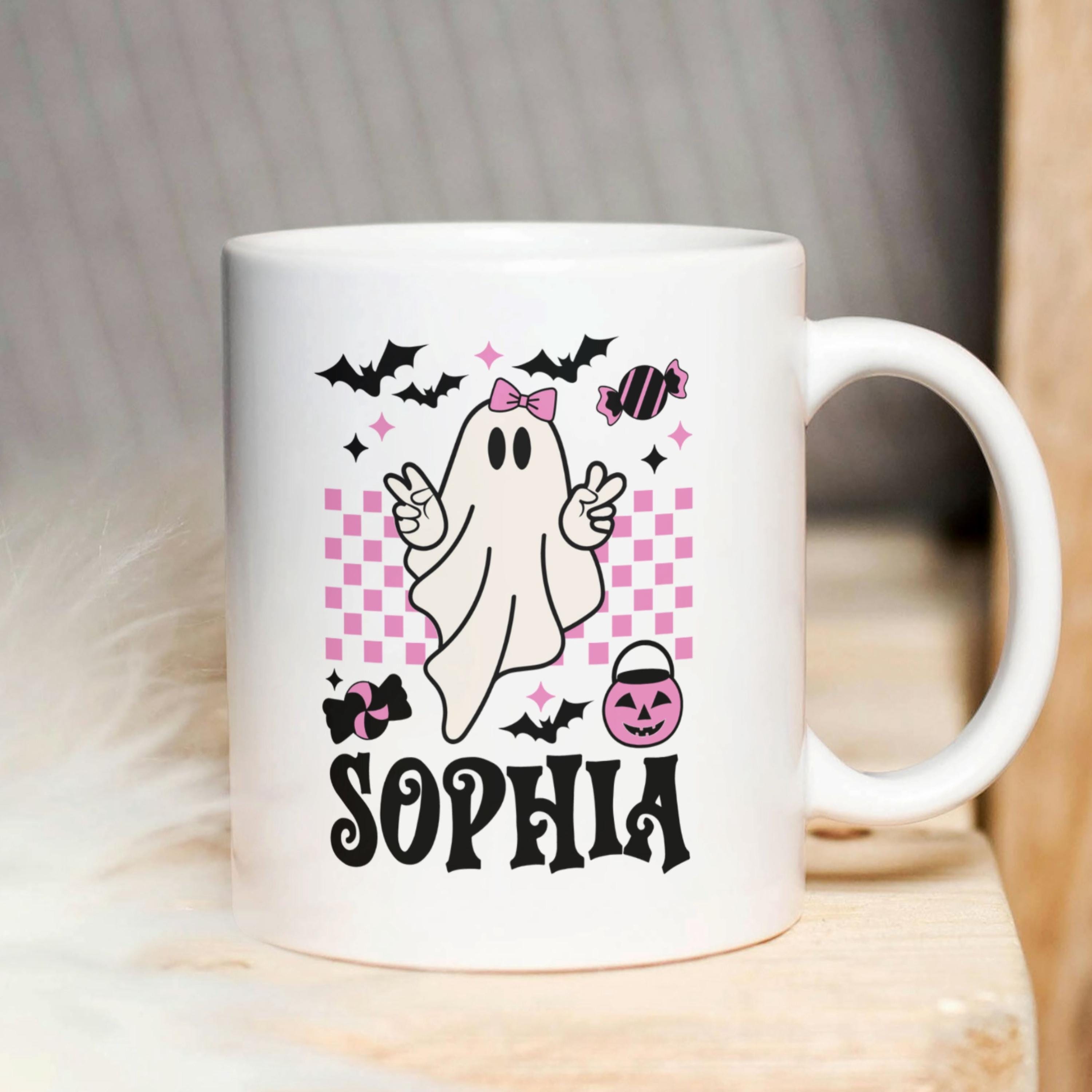 Halloween Sublimation Mug, Custom Kids Name Mug PNG, Retro Ghost PNG Mug, Treat or Tricks Mug Sublimation Template, Mug Wrap 11oz & 15oz.