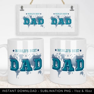May include: White ceramic mug with a blue and white design that says "World's Best Dad" with a pixelated world map. The mug is available in 11oz and 15oz sizes.