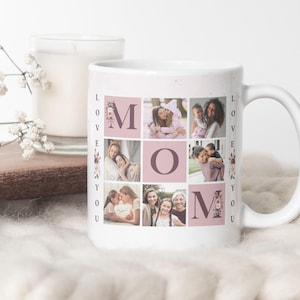 Taza PNG "Te amo, mamá", diseño personalizado de taza con cuadrícula de fotos, sublimación para el Día de la Madre. Taza PNG con monograma de mamá, taza con transferencia de collage de fotos de mamá.