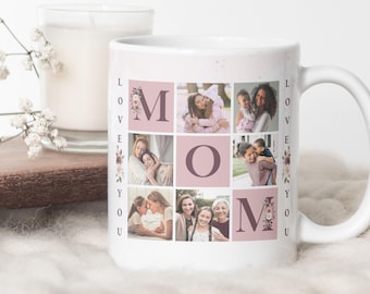 Tazza "Ti amo mamma" in formato PNG, design personalizzato per tazza con griglia fotografica, stampa a sublimazione per la Festa della Mamma. Tazza con monogramma della mamma in formato PNG, tazza con collage fotografico della mamma.
