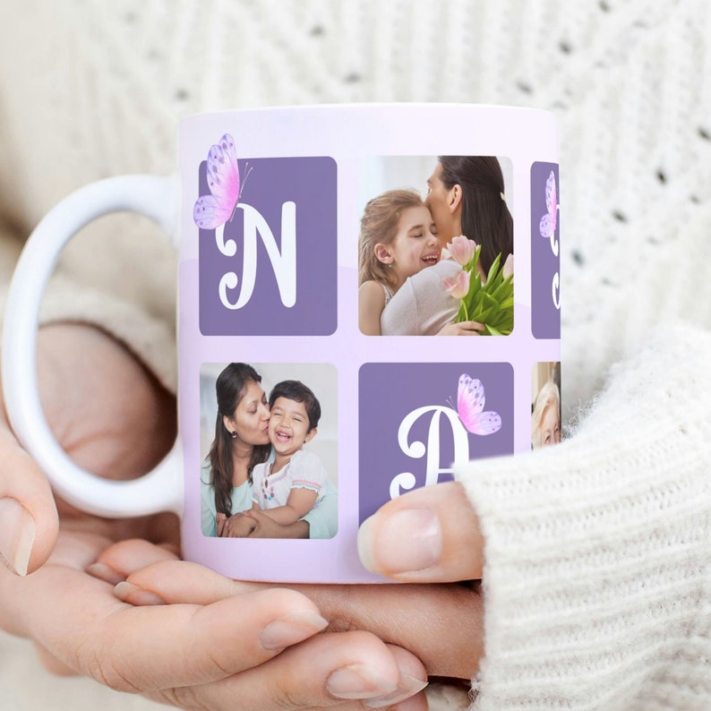 Nanny Photo Grid Floral Mug PNG, Grandmother Sublimation Digital Paper, Grandma Custom Photo Mug Gift, Nanny Butterfly Mug Transfer Wrap PNG image 2