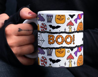 Halloween Sublimation Mug, Boo! Ghost PNG Mug File for Sublimation, Halloween Cute Mug Pattern, Mug PNG file, Mug Wrap Transfers 11oz & 15oz