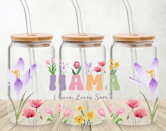 Mama Glass Can Sublimation PNG, Mom Floral Libbey Glass Wrap, Mom Libby Glass Wrap PNG, Mama Frosted Glass, Custom Name Libbey Glass PNG.