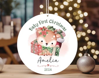 Baby's First Christmas Deer PNG Ornament, Custom Text Keepsake Design (Digital Download PNG)