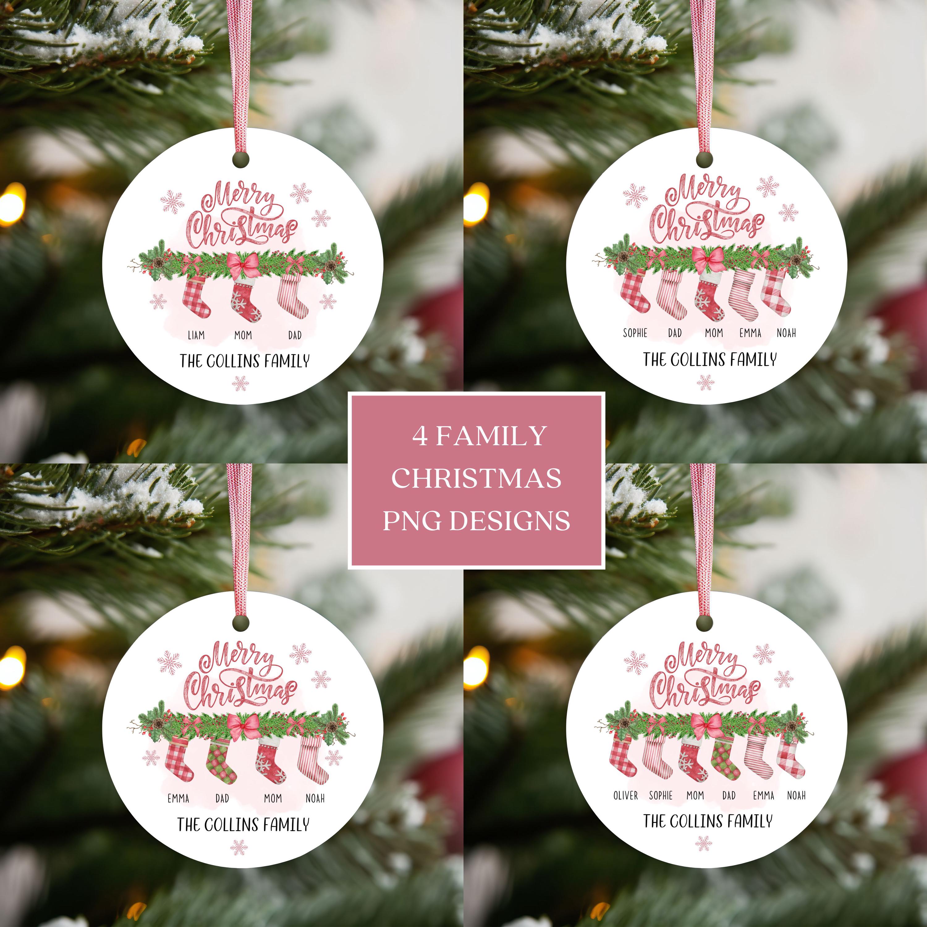 Family Socks Christmas Ornament Bundle, Round Xmas Ornament Sublimation, Custom Christmas Stocking PNG, Personalized Family Ornament Designs