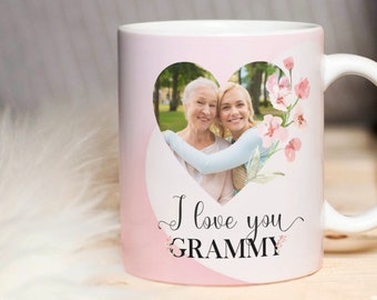 I Love You Grammy Mug PNG, Floral Mug, Heart Photo Template for Sublimation, Grandma Custom Gift, Wrap Transfers Design High-Resolution.