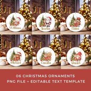 Puede incluir: Seis adornos navideños redondos de color blanco con ilustraciones de un reno junto a personajes festivos como Santa Claus, un muñeco de nieve y un hombre de jengibre, cada uno con un nombre en letras doradas: William, Amelia, Liam, Michael, Camila, Daniel.