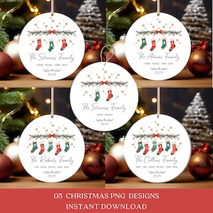 Paquete de calcetines navideños familiares PNG, calcetines navideños redondos con adornos de sublimación PNG, descarga instantánea, diseños de adornos familiares personalizados DIY