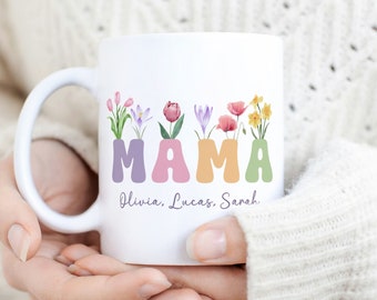 Mama Floral Mug Sublimation PNG File. Custom Kids Names Mug PNG, Mother Gift Mug, Mom Wildflowers Mug PNG, Coffee Mug Wrap Instant Download