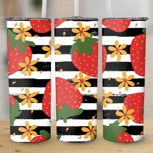 Strawberries Yellow Flowers Pattern 20 oz Skinny Tumbler Sublimation Design, Straight & Tapered Wrap, Tumbler Wrap Png, Instant Download