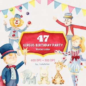 Circus Watercolor Clipart Set: Characters, Animals, Banners And Birthday Decoration Illustration. Ideal For Nursery And Birthday Decoration.