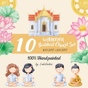 Watercolor Buddhist Clipart Set - Meditation, Monks, Temples, Lotus Flowers, Religious Art, Thai culture, Asian culture, PNG File