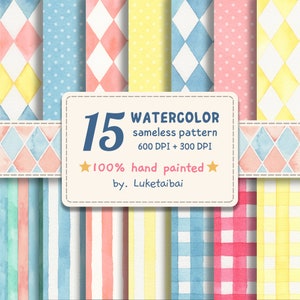Puede incluir: Un conjunto de 15 patrones sin costuras de acuarela en varios colores y diseños, incluyendo rayas, lunares y diamantes. Los patrones están pintados a mano y son perfectos para el scrapbooking digital, la artesanía y otros proyectos creativos. 100% pintado a mano por Luketaibai.