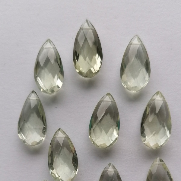 Natural Handmade Green Amethyst/Prasiolite Faceted Pear Briolette Beads / Approx 15x7mm / Hole 0.4mm / Sold Per Bead