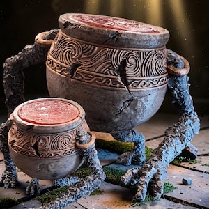 May include: Two stone-like vessels with textured, weathered surfaces and intricate carved patterns. Each vessel features a deep red wax-like interior and is supported by articulated, craggy limbs that resemble rough, dark grey rock formations.