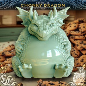 May include: A green ceramic cookie jar shaped like a dragon with a large belly. The cookie jar has the words "Cookie Jar" and "Chonky Dragon" written on it.