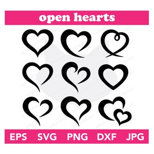Open Heart Digital Bundle, Instant Download, Open Hearts Svg, Eps, Dxf, Png, Jpg, Open Heart Silhouette, Open Heart Clipart