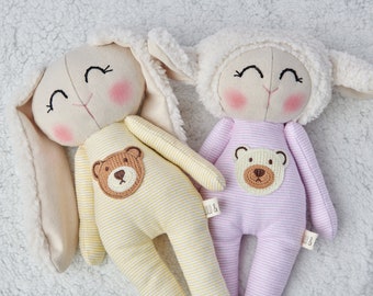 Coniglietto, bambola cimelio in tessuto fatto a mano con agnello, coniglietto, regalo per baby shower, regalo di compleanno, regalo di festa