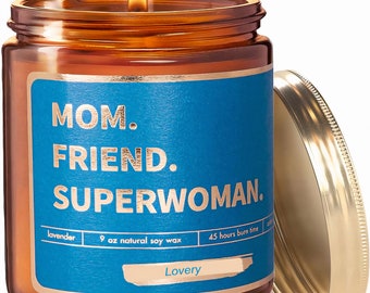 Gifts for Mom, Mothers Day Gift, Birthday Gift for Mom, 10 Oz Lavender scented candle, Mom. Friend. Superwoman saying on Candle, Funny Gifts