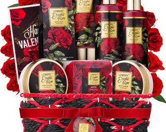 Valentines Spa Gifts for Women, Bath and Body Gift Set, Exotic Rose Gift Basket for Women & Men, Stress Relief Spa Kit, Thank You, Birthday
