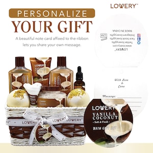Pu&ograve; includere: Un cesto di vimini bianco pieno di un set regalo da bagno alla vaniglia e cocco. Il set include bombe da bagno, bagnoschiuma, lozione, sali da bagno e una piccola bottiglia di olio. Il cesto &egrave; decorato con un nastro bianco e un'etichetta che dice "Con amore e cura".