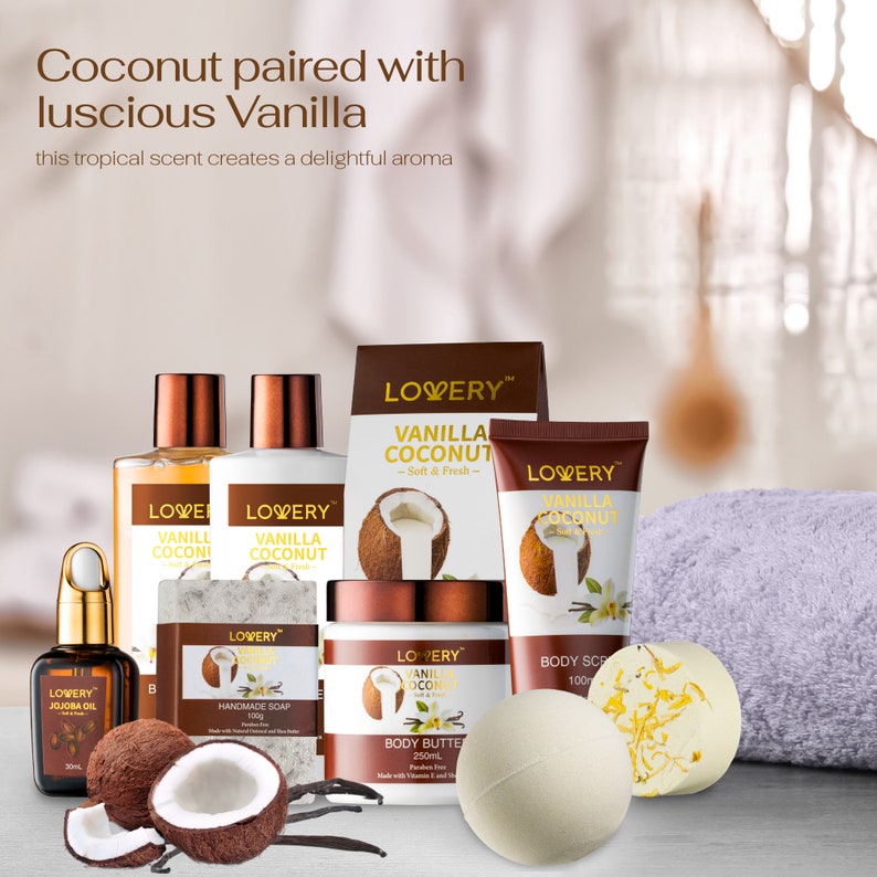 Bath and Body Gift Set For Women & Men, 10pcs Vanilla Coconut Home Spa Set with Jojoba Oil, Handmade Oatmeal Soap, Shower Gel, Bubble Bath bild 5