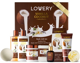 Bath and Body Gift Set For Women & Men, 10pcs Vanilla Coconut Home Spa Set with Jojoba Oil, Handmade Oatmeal Soap, Shower Gel, Bubble Bath