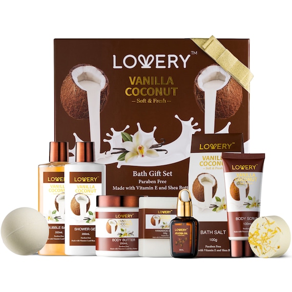 Bath and Body Gift Set For Women & Men, 10pcs Vanilla Coconut Home Spa Set with Jojoba Oil, Handmade Oatmeal Soap, Shower Gel, Bubble Bath