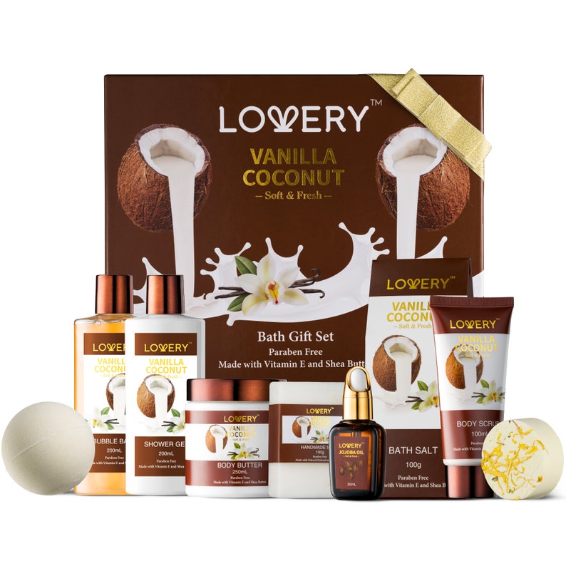 Bath and Body Gift Set For Women & Men, 10pcs Vanilla Coconut Home Spa Set with Jojoba Oil, Handmade Oatmeal Soap, Shower Gel, Bubble Bath bild 1