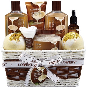 Bath and Body Gift Basket For Women and Men – 9 Piece Set of Vanilla Coconut Home Spa Set, Includes Fragrant Lotions, Extra Large Bath Bomb