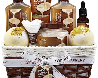 Bath and Body Gift Basket For Women and Men – 9 Piece Set of Vanilla Coconut Home Spa Set, Includes Fragrant Lotions, Extra Large Bath Bomb