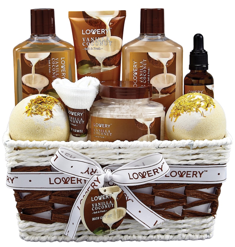 Bath and Body Gift Basket For Women and Men – 9 Piece Set of Vanilla Coconut Home Spa Set, Includes Fragrant Lotions, Extra Large Bath Bomb immagine 1