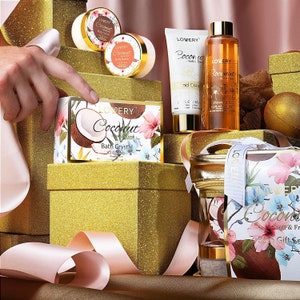 Gorgeous Bath and Body Gift Set, Coconut Bath Set, Spa Gifts for Women, Home Spa Kit, Self Care - 24K Gold Bath Bomb, Body Lotion