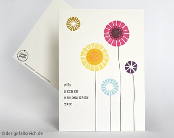 Postkarte Besonderer Tag, Kommunion, Konfirmation, Taufe, Geburtstag, Muttertag, Hochzeit, Druckgrafik Blumen und Sonne