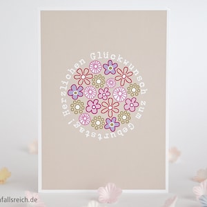 Postkarte Geburtstag, blumig fröhlich, illustriert, Kinder, Gärtnerin, Sommer