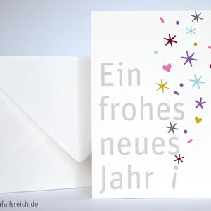 Postkarte Neujahr, Neujahrsgruß, Sylvester, ein frohes neues Jahr, Herzen, Sterne, Konfetti, Geburtstag