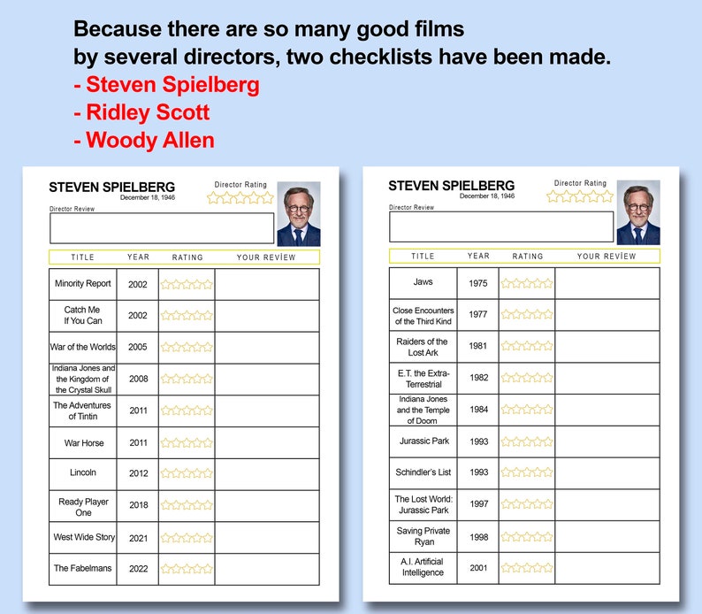 Prewritten Movies Checklist, Director Checklist, Movies Watchlist