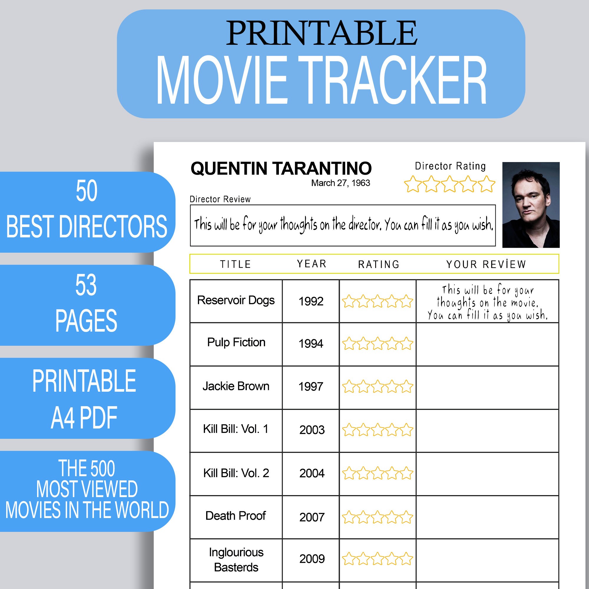 Pre-written Movies Checklist, Director Checklist, Movies Watchlist, Movie List Journal, Movie ...