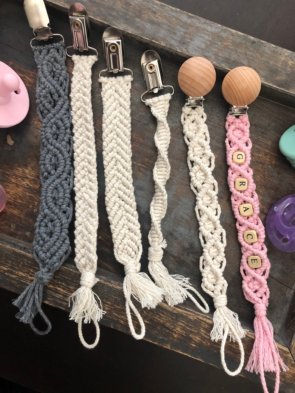 Spiral Pattern Macrame Pacifier Clip Etsy