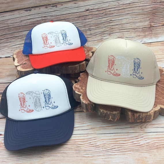 Cowboy Boots Trucker Hat, Red White Blue, Patriotic Western  display picture 2
