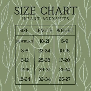 May include: A size chart for infant bodysuits, with measurements in inches and pounds. The chart includes sizes newborn, 3-6 months, 6-12 months, 12-18 months, and 18-24 months, with corresponding length and weight ranges. The background is a muted green with a leaf pattern.