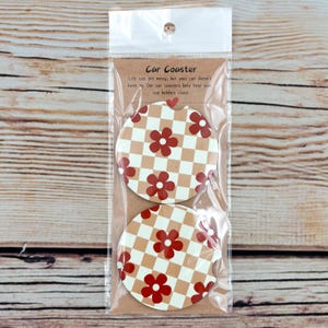 Checkered Daisy Car Coasters Set of 2, Cute Pink Vintage Daisy Car Coasters, Retro Rust Car Coasters, Teen Girl Car Accessories, Girl Gift